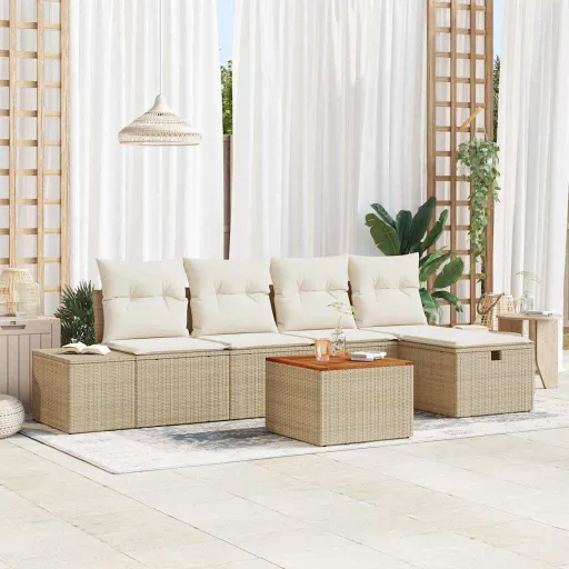 Conjunto de Sofás de Jardín Con Cojín   Beige Poliratán (6 pcs)