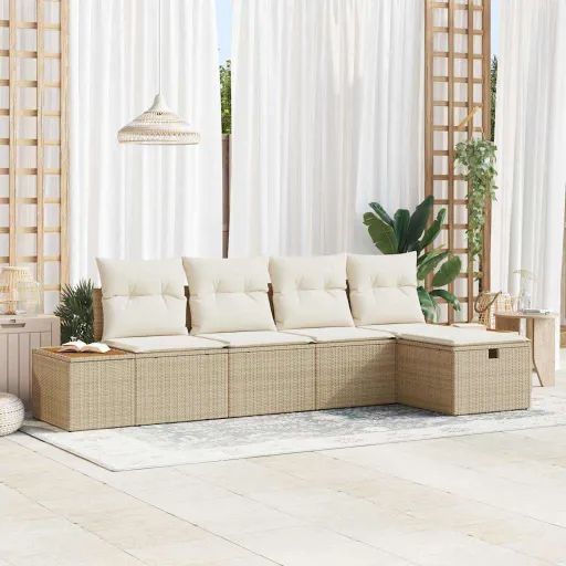 Conjunto de Sofá de Jardín Con Almohada   Beige Poliratán (5 pcs)