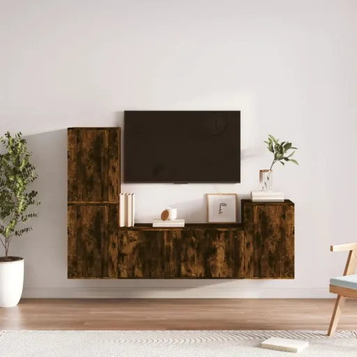 Set de Muebles de TV 4 Pzas Madera Contrachapada Roble Ahumado