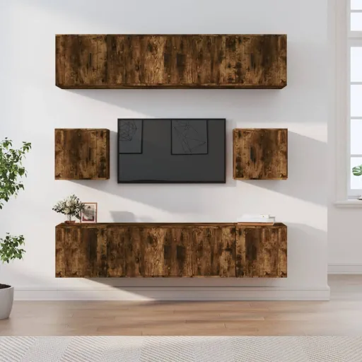 Set de Muebles de TV 8 Pzas Madera Contrachapada Roble Ahumado