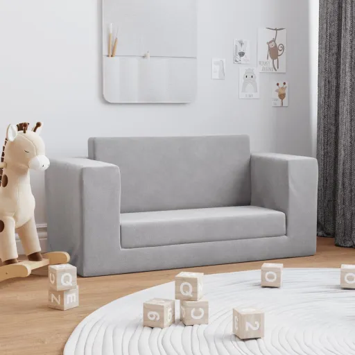 Sofá Cama de Niños 2 Plazas Felpa Suave Gris Claro