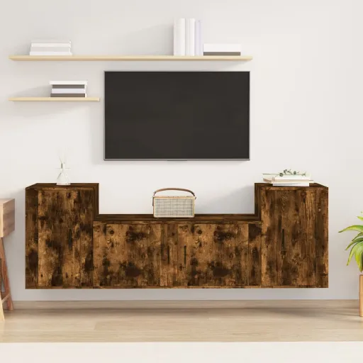 Set de Muebles de TV 3 Pzas Madera Contrachapada Roble Ahumado