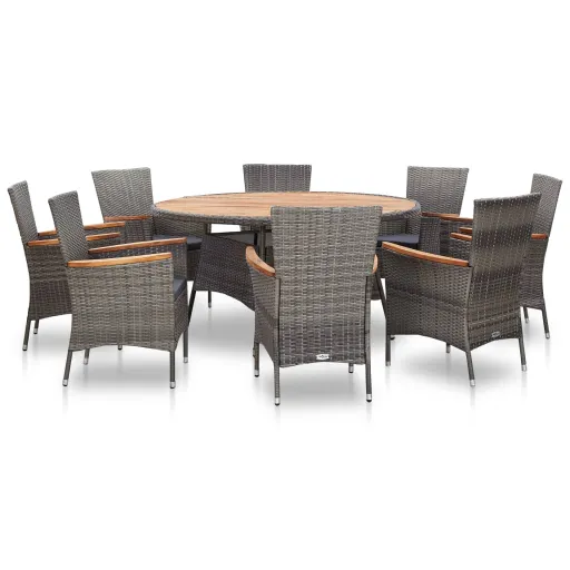Set Comedor de Jardín 9 Piezas Ratán Sintético y Madera Gris