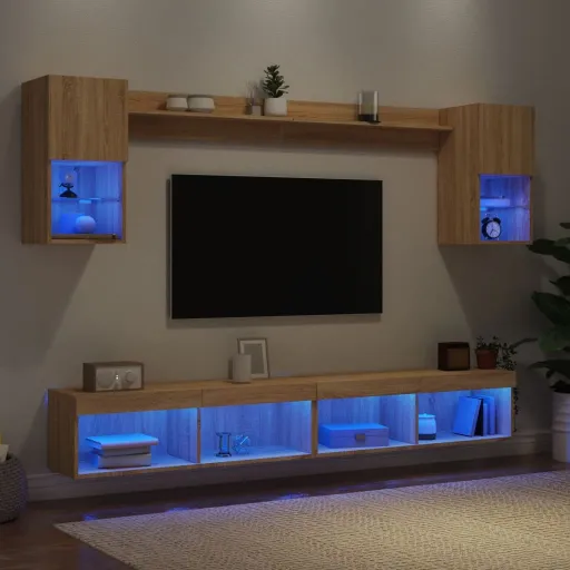 Muebles TV Pared Con LED 6 Pzas Madera Ingeniería Roble Sonoma