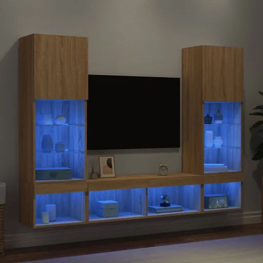 Muebles TV Pared Con LED 5 Pzas Madera Ingeniería Roble Sonoma