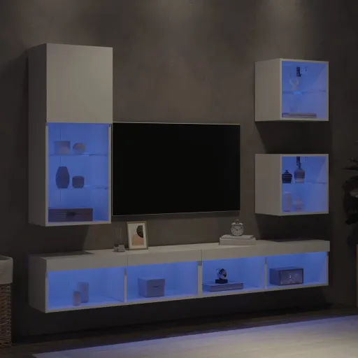 Muebles de TV de Pared Con LED 5 Pzas Madera Ingeniería Blanco