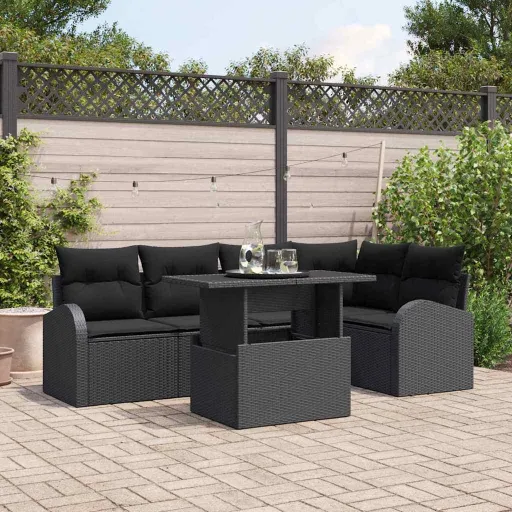 Conjunto de Sofá de Jardín Con Cojín   Negro Poliratán (6 pcs)