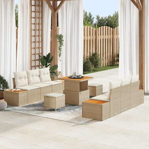 Conjunto de Sofás de Jardín Con Cojín   Beige Poliratán (9 pcs)
