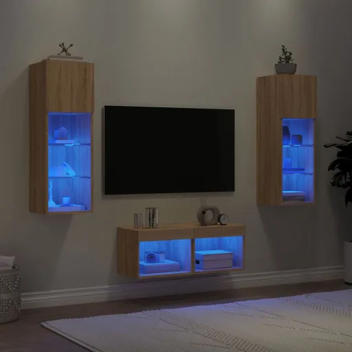 Muebles de TV de Pared Con Luces LED 4 Piezas Roble Sonoma