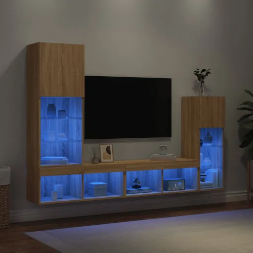 Muebles TV Pared Con LED 4 Pzas Madera Ingeniería Roble Sonoma