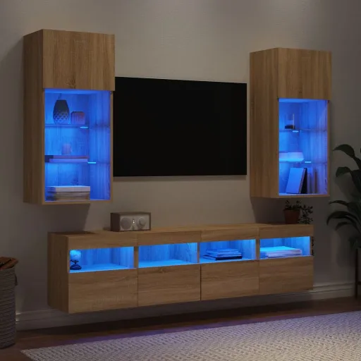 Muebles TV Pared Con LED 5 Pzas Madera Ingeniería Roble Sonoma