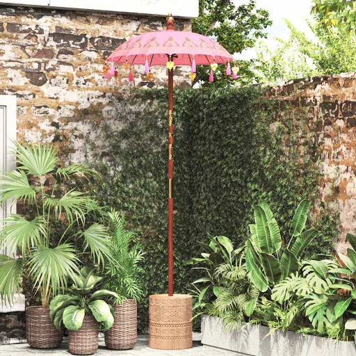 Parasol Con Base Rosa y Marrón 250 cm Algodón y Madera