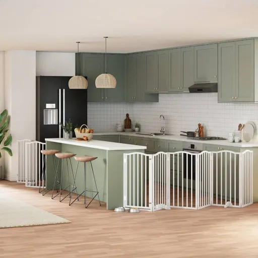 Puerta Para Perros Plegable 9 Paneles Madera Álamo Blanca 450cm