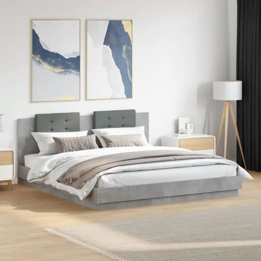 Estructura de Cama Cabecero Luces LED Gris Hormigón 200x200 cm