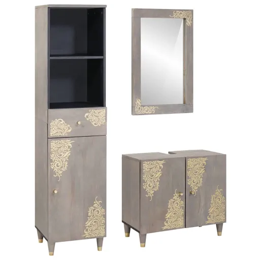 Juego de Muebles de Baño   Gris Madera de Mango Maciza (3 pcs)