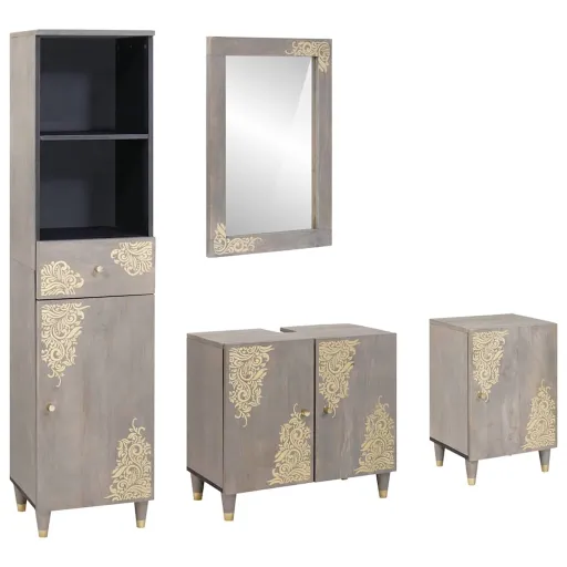 Juego de Muebles de Baño   Gris Madera de Mango Maciza (4 pcs)