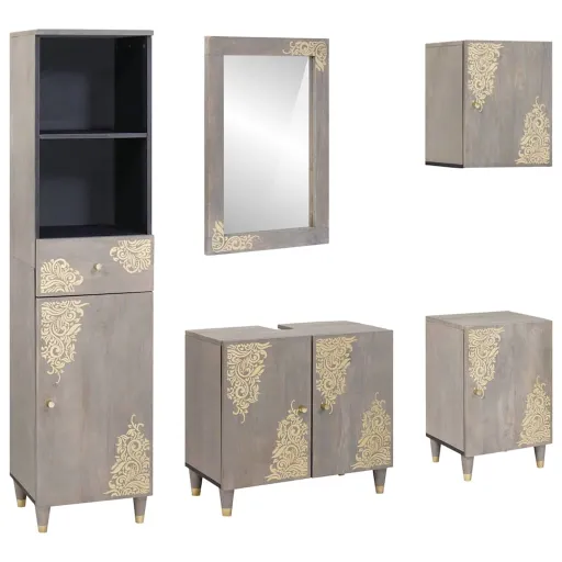 Juego de Muebles de Baño   Gris Madera de Mango Maciza (5 pcs)