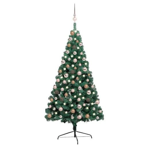 Medio Árbol de Navidad Con Luces y Bolas Verde 150 cm