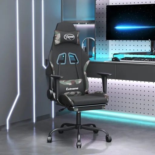 Silla Gaming Con Reposapiés Tela Negro Camuflaje