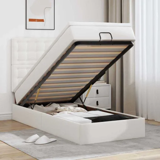Cama Otomana Colchón Cuero Sintético Blanco 90x190cm