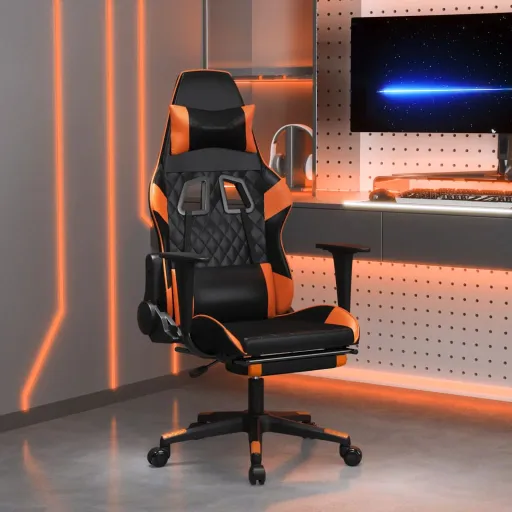 Silla Gaming Masaje y Reposapiés Cuero Sintético Negro Naranja