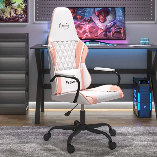 Silla Gaming de Masaje Cuero Sintético Blanco y Rosa