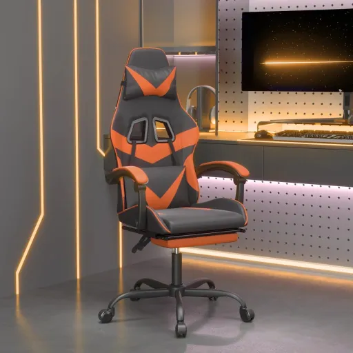 Silla Gaming Giratoria Reposapiés Cuero Sintético Negro Naranja