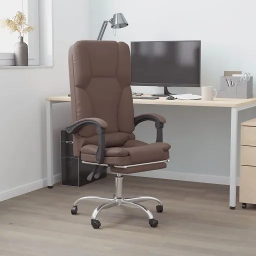 Silla de Oficina Reclinable Masaje Cuero Sintético Marrón