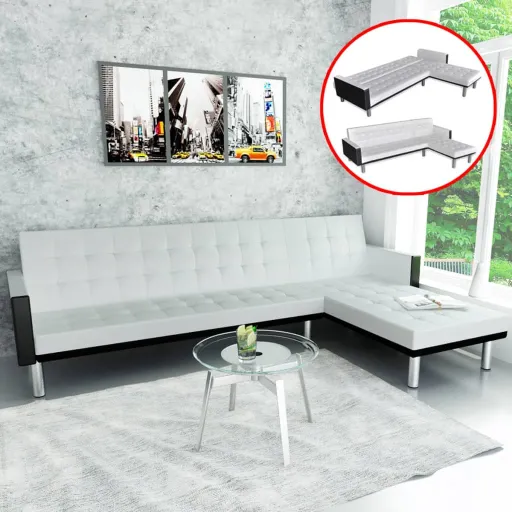Sofá Cama en Forma de L de Cuero Artificial Blanco y Negro