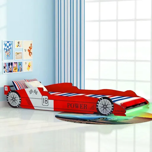 Cama Infantil Con Forma de Coche Carreras y LED  90x200 cm Roja