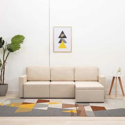 Sofá Cama Modular de 3 Plazas Tela Color Crema