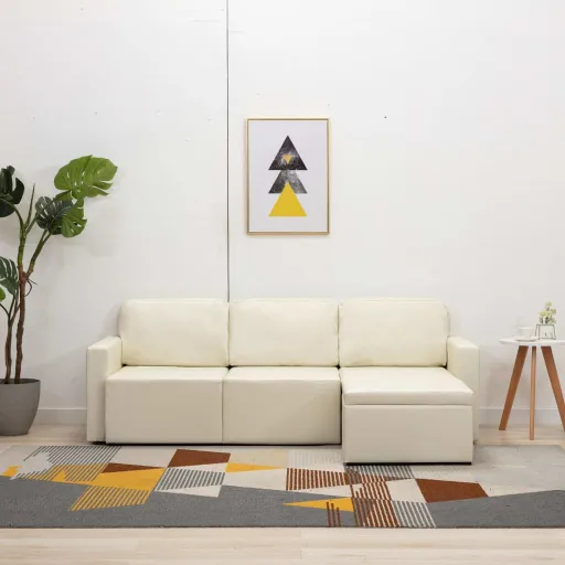 Sofá Cama Modular de 3 Plazas Cuero Sintético Color Crema