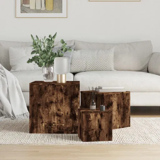Mesitas Auxiliares 3 Piezas Madera Contrachapada Roble Ahumado