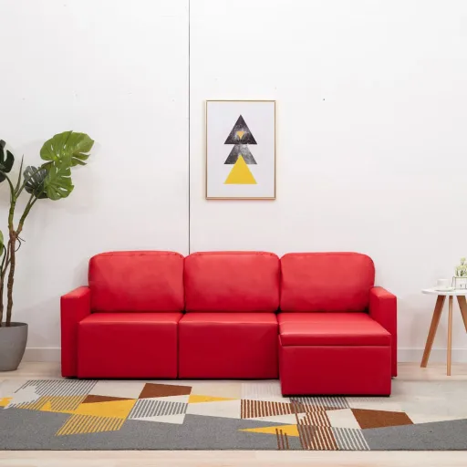 Sofá Cama Modular de 3 Plazas Cuero Sintético Rojo