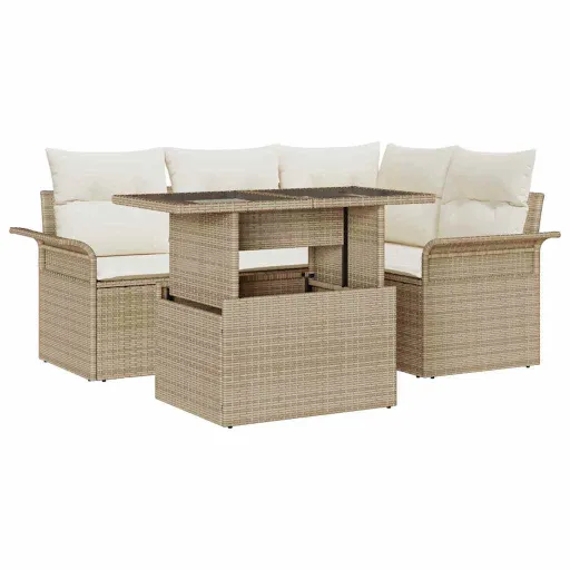 Conjunto de Sofá de Jardín   Beige Rattan de Poliéster (5 pcs)