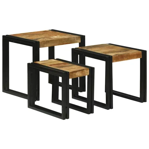 Mesa Nido   Marrón y Negro Madera de Mango Sólida y Metal (3 pcs)