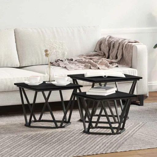 Mesa de Café   Roble Negro Madera Ingenierizada y Acero (3 pcs)