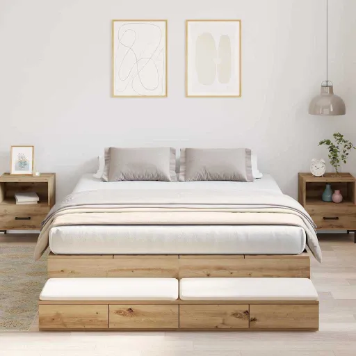 Cama Con Almacenamiento Con Cajón Roble Artesanal 140 cm