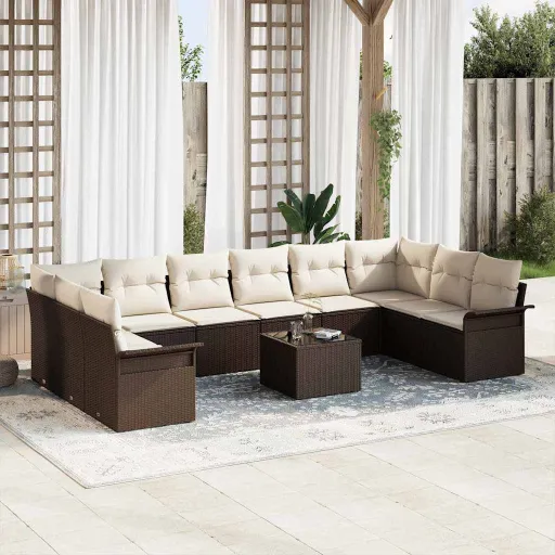 Conjunto de Sofá de Jardín Con Cojín   Marrón Poliratán (11 pcs)