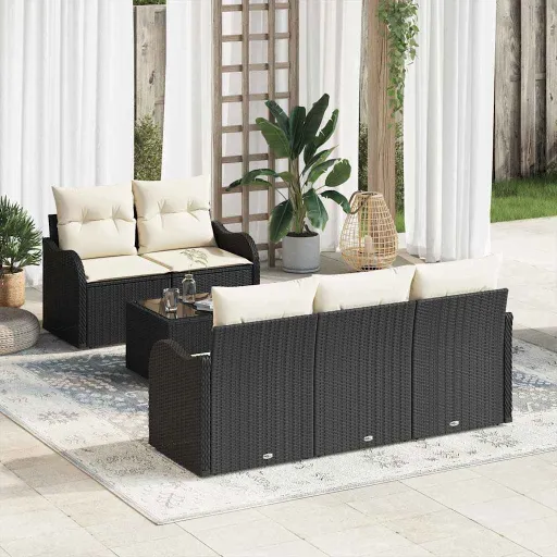 Conjunto de Sofá de Jardín Negro Ratán Sintético