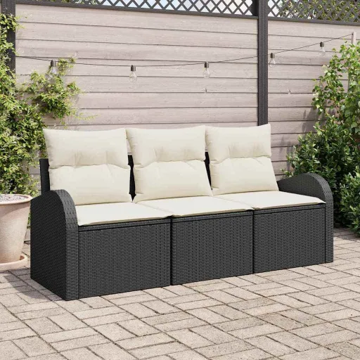 Conjunto de Sofá de Jardín Con Cojín   Negro Poliratán (3 pcs)