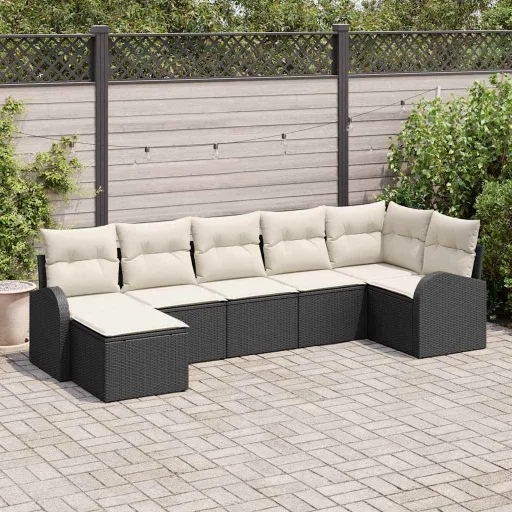 Conjunto de Sofá de Jardín Con Cojín   Negro Poliratán (7 pcs)