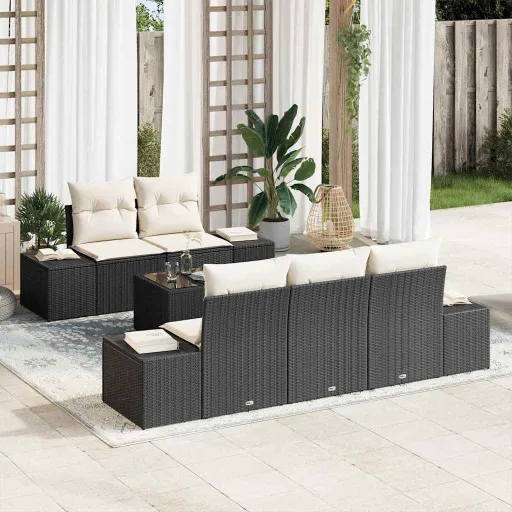 Conjunto de Sofá de Jardín Con Cojín Negro Ratán Sintético