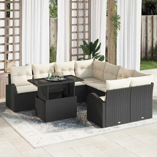 Conjunto de Sofá de Jardín   Negro Ratán Sintético (9 pcs)