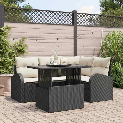 Conjunto de Sofá de Jardín Con Cojín   Negro Poliratán (5 pcs)