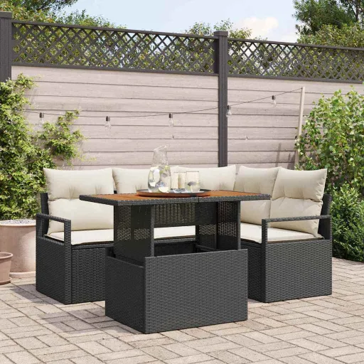 Conjunto de Comedor de Jardín Con Cojín   Negro y Crema (5 pcs)