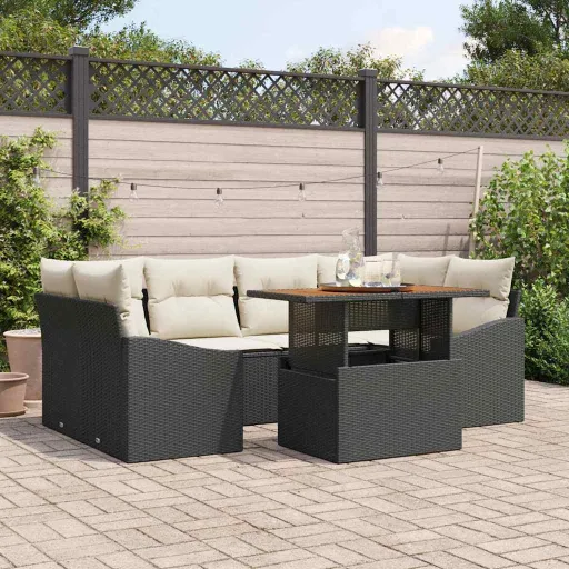 Conjunto de Comedor de Jardín Con Cojín   Negro y Crema (7 pcs)