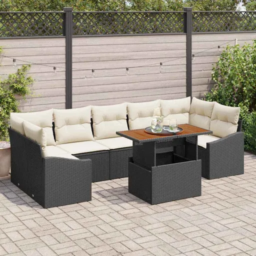 Conjunto de Comedor de Jardín Con Cojín   Negro y Crema (8 pcs)