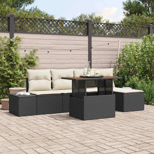 Conjunto de Comedor de Jardín Con Cojín   Negro y Crema (6 pcs)