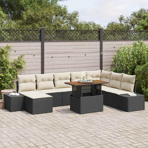 Conjunto de Comedor de Jardín Con Cojín   Negro y Crema (9 pcs)